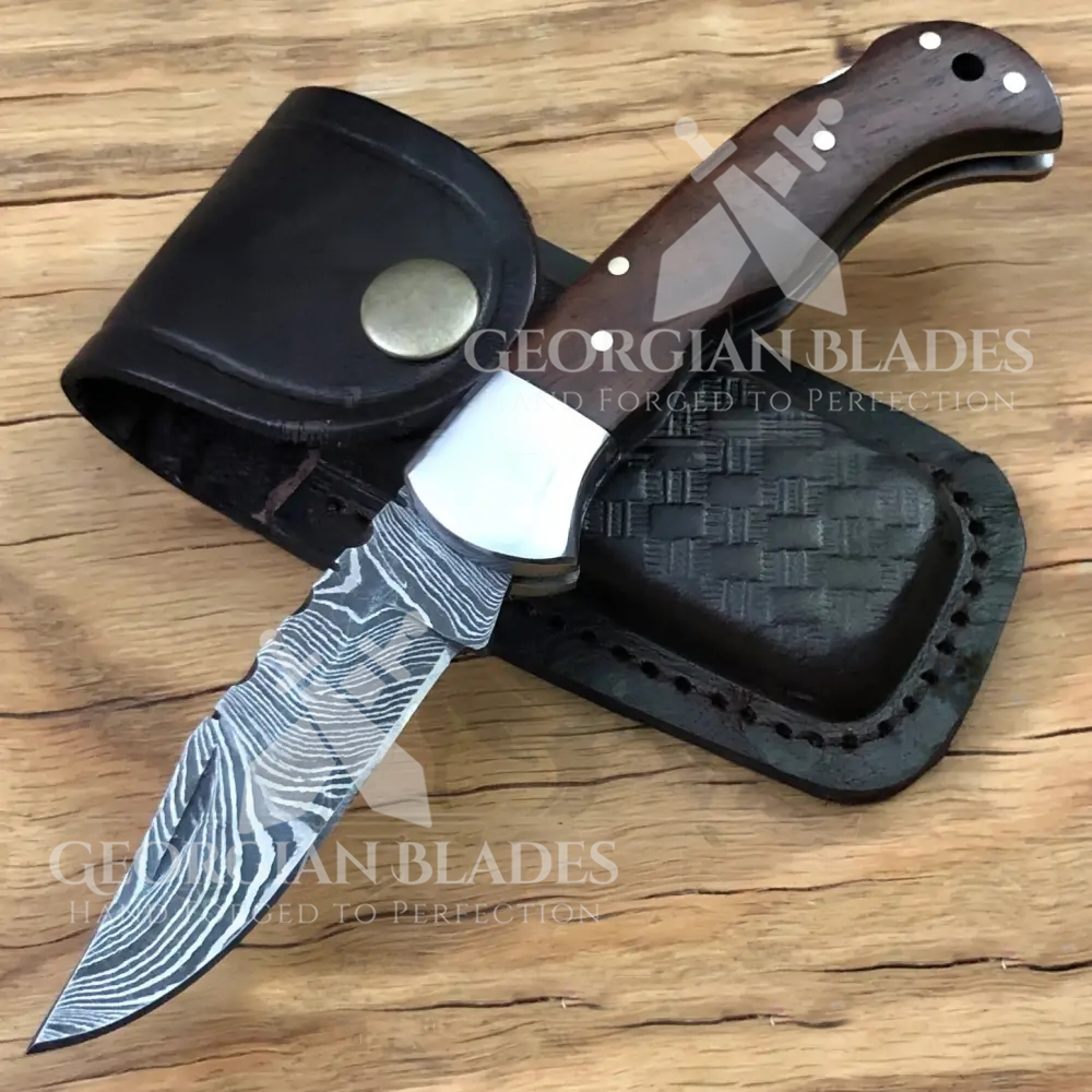 The George Washington Folding Knife - 6.5'' Back Lock Damascus Steel Knife with Rose Handle and Leather Sheath