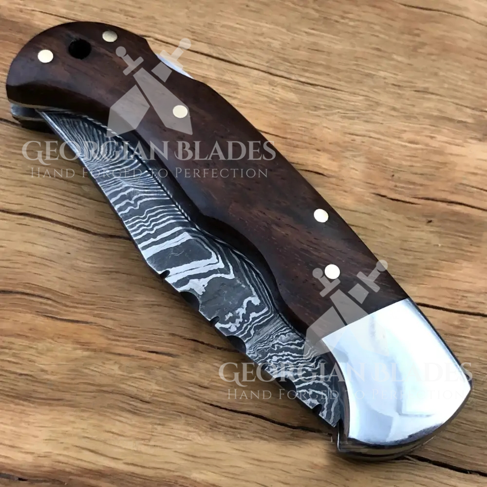 The George Washington Folding Knife - 6.5'' Back Lock Damascus Steel Knife with Rose Handle and Leather Sheath