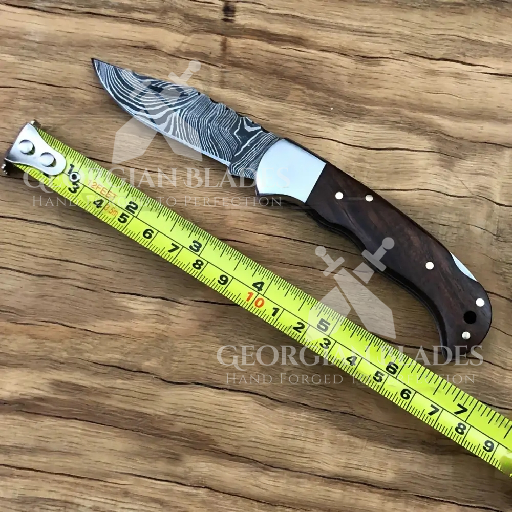 The George Washington Folding Knife - 6.5'' Back Lock Damascus Steel Knife with Rose Handle and Leather Sheath