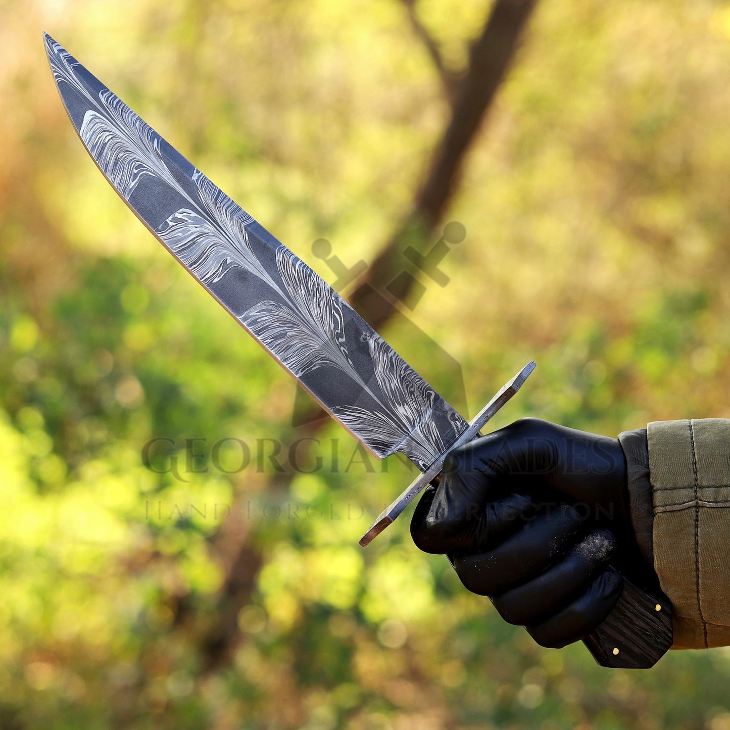 Powell Bowie: 15 inch Handmade Feather Damascus Steel Bowie Knife – Wenge Wood Handle