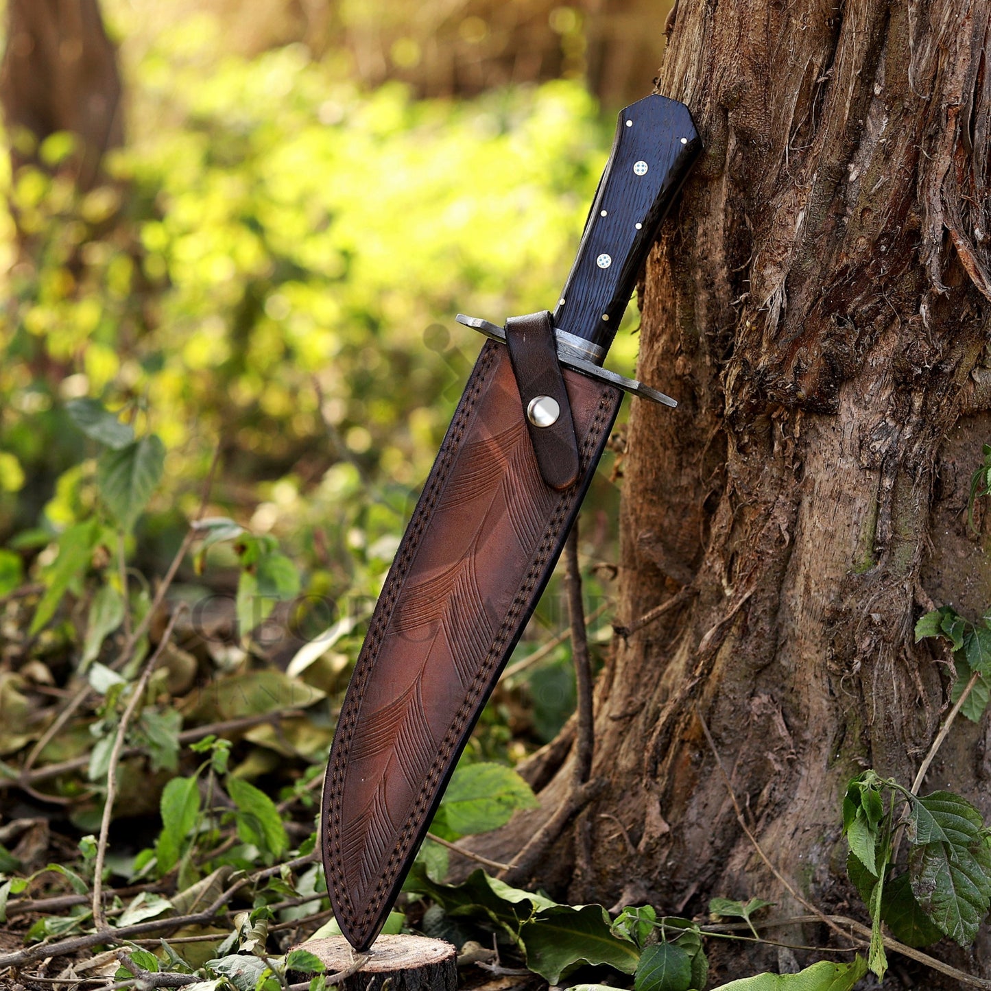 Powell Bowie: 15 inch Handmade Feather Damascus Steel Bowie Knife – Wenge Wood Handle