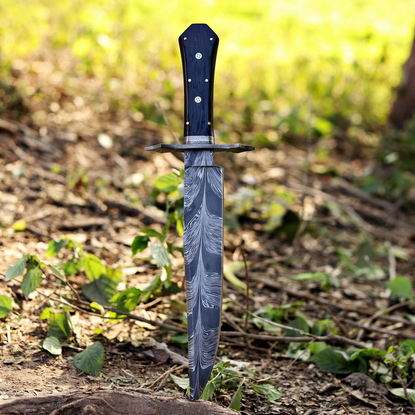 Powell Bowie: 15 inch Handmade Feather Damascus Steel Bowie Knife – Wenge Wood Handle