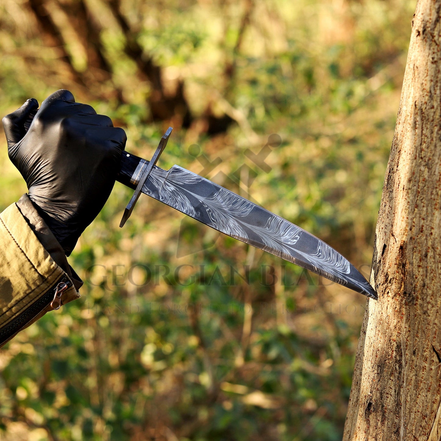 Powell Bowie: 15 inch Handmade Feather Damascus Steel Bowie Knife – Wenge Wood Handle