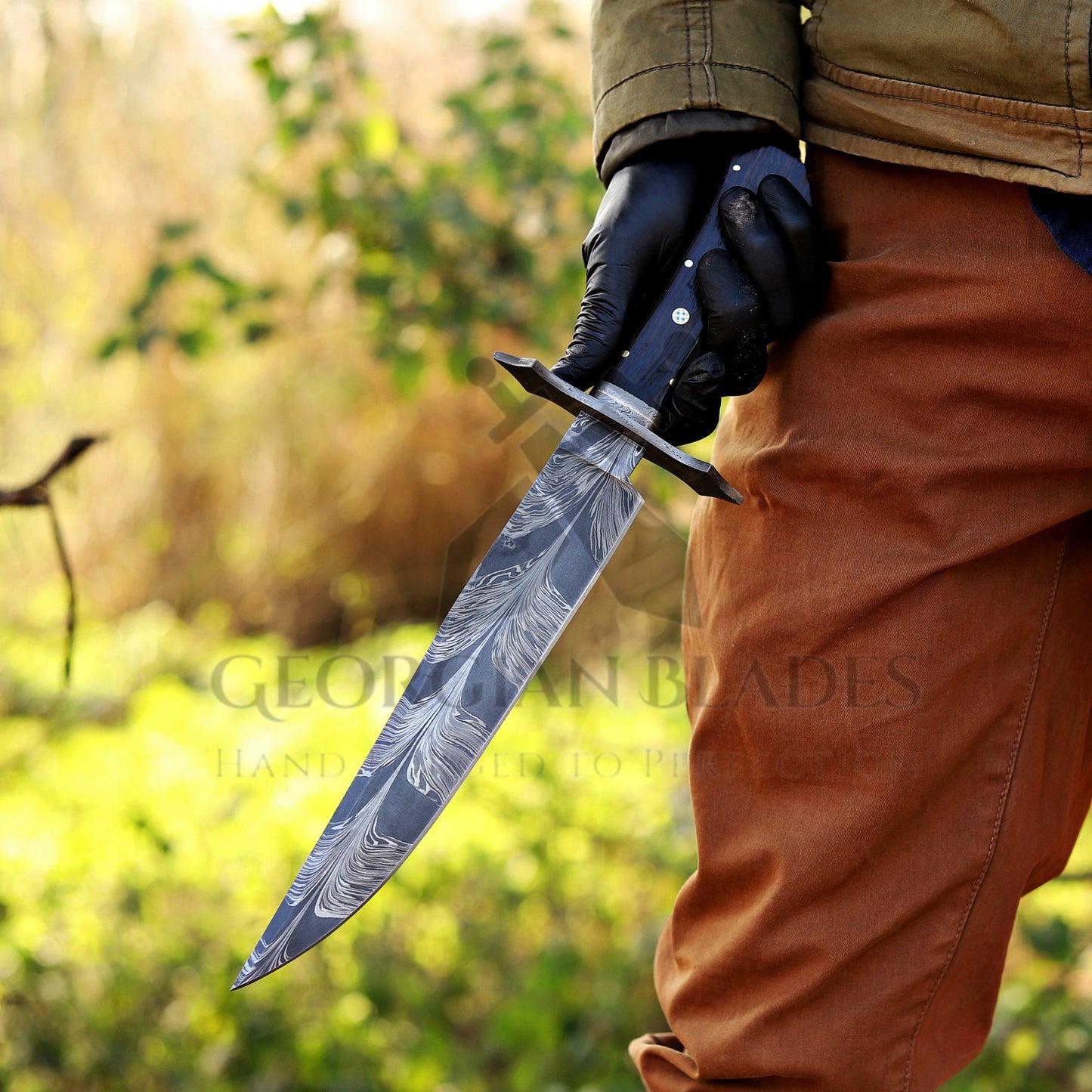 Powell Bowie: 15 inch Handmade Feather Damascus Steel Bowie Knife – Wenge Wood Handle