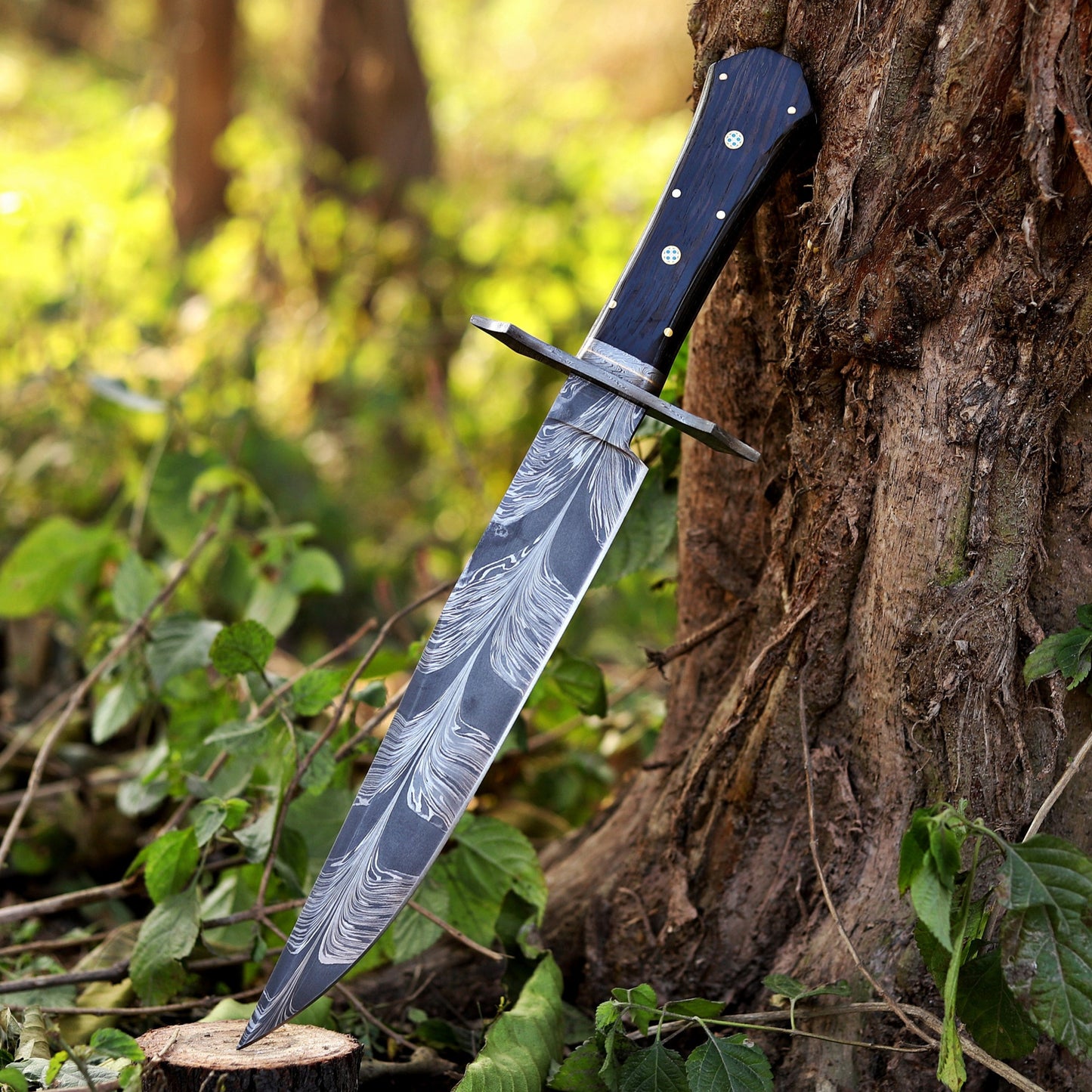 Powell Bowie: 15 inch Handmade Feather Damascus Steel Bowie Knife – Wenge Wood Handle