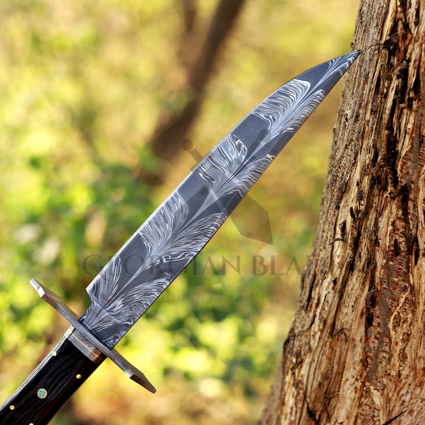 Powell Bowie: 15 inch Handmade Feather Damascus Steel Bowie Knife – Wenge Wood Handle