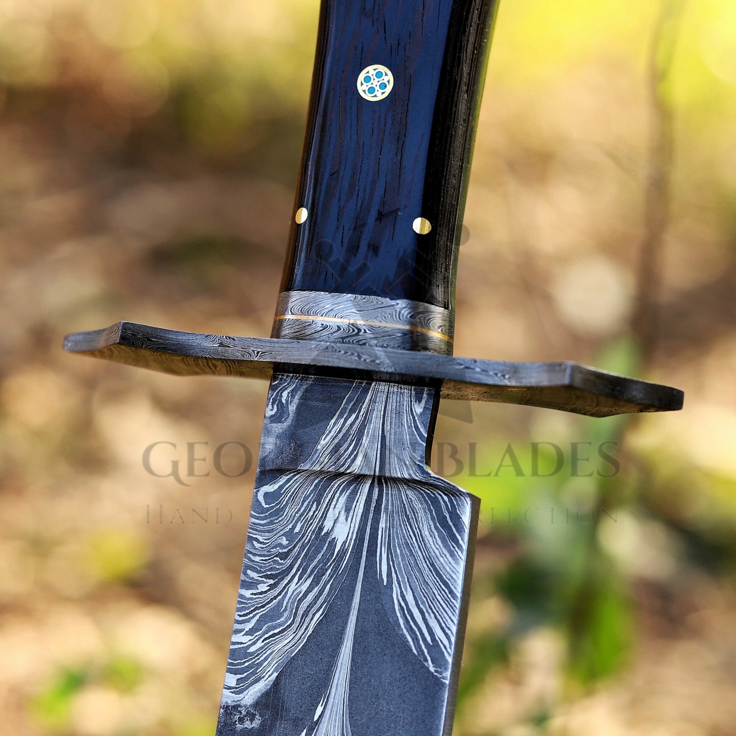 Powell Bowie: 15 inch Handmade Feather Damascus Steel Bowie Knife – Wenge Wood Handle