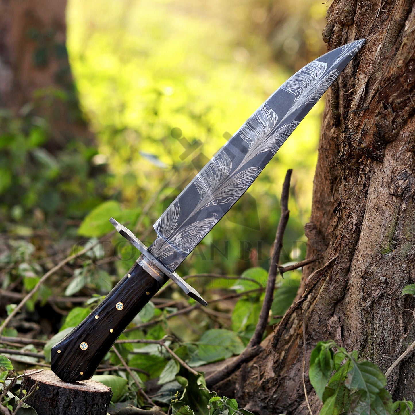 Powell Bowie: 15 inch Handmade Feather Damascus Steel Bowie Knife – Wenge Wood Handle