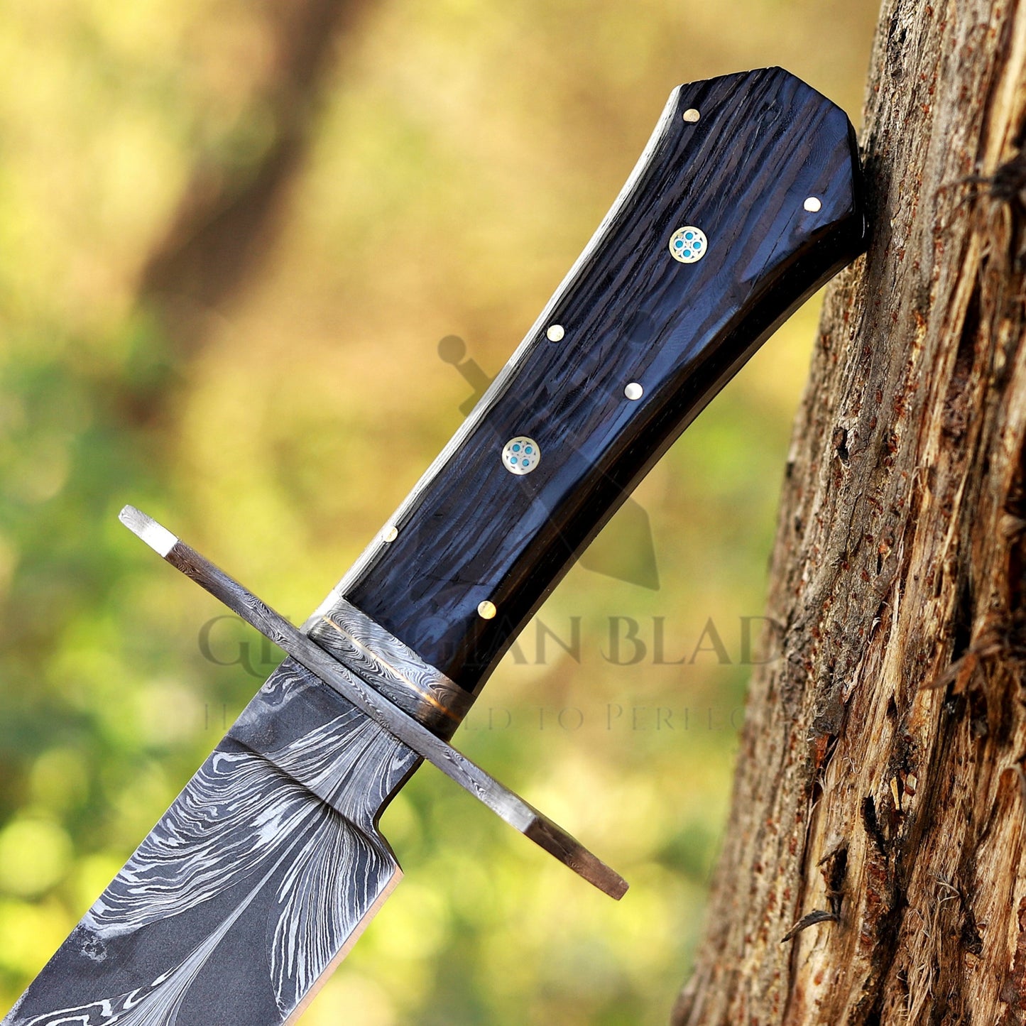 Powell Bowie: 15 inch Handmade Feather Damascus Steel Bowie Knife – Wenge Wood Handle
