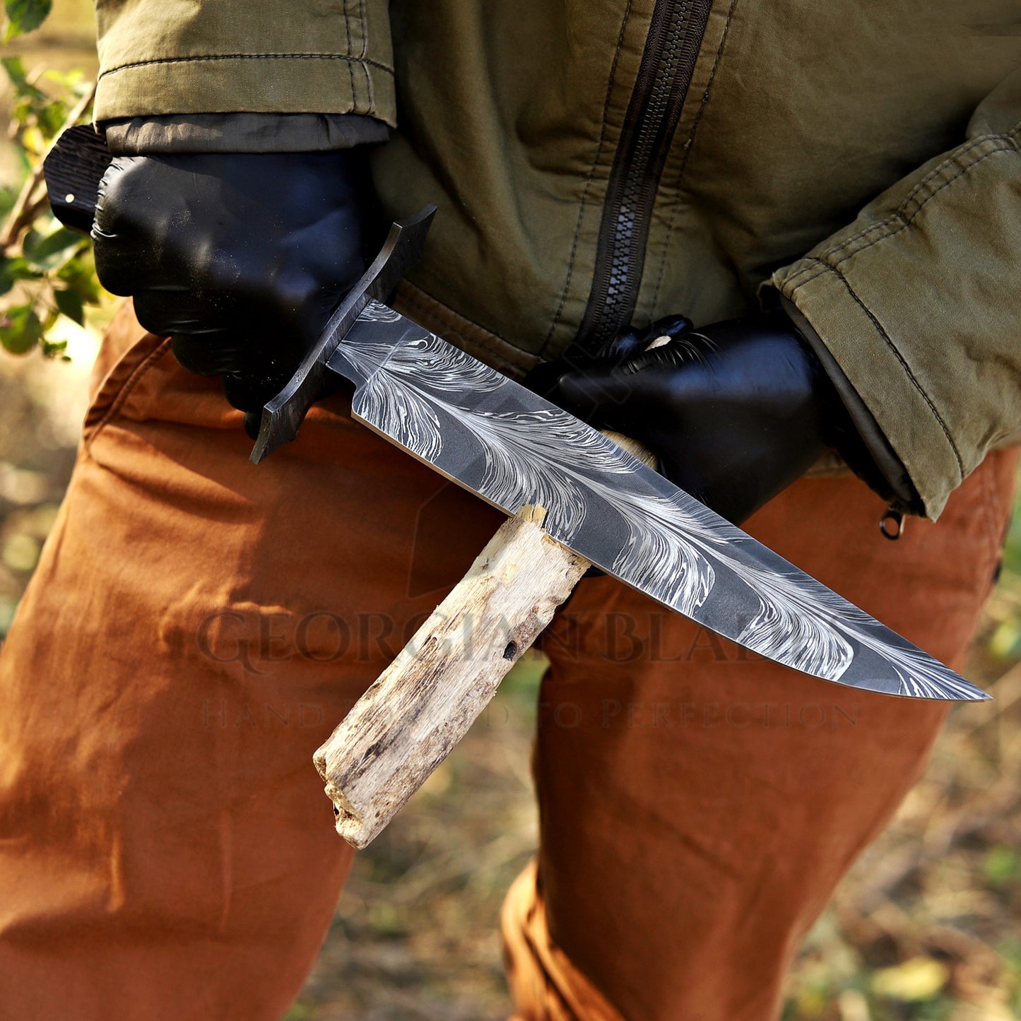 Powell Bowie: 15 inch Handmade Feather Damascus Steel Bowie Knife – Wenge Wood Handle