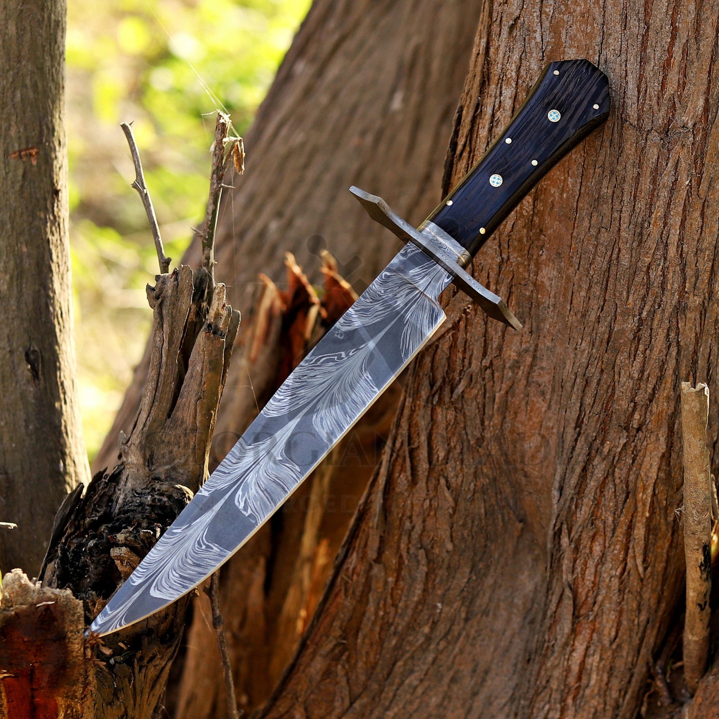 Powell Bowie: 15 inch Handmade Feather Damascus Steel Bowie Knife – Wenge Wood Handle