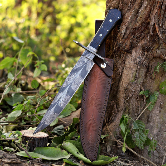 Powell Bowie: 15 inch Handmade Feather Damascus Steel Bowie Knife – Wenge Wood Handle
