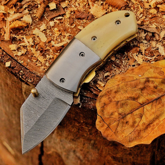 Little Warden – 5 inch Twist Damascus Mini Pocket Knife with Bone Handle