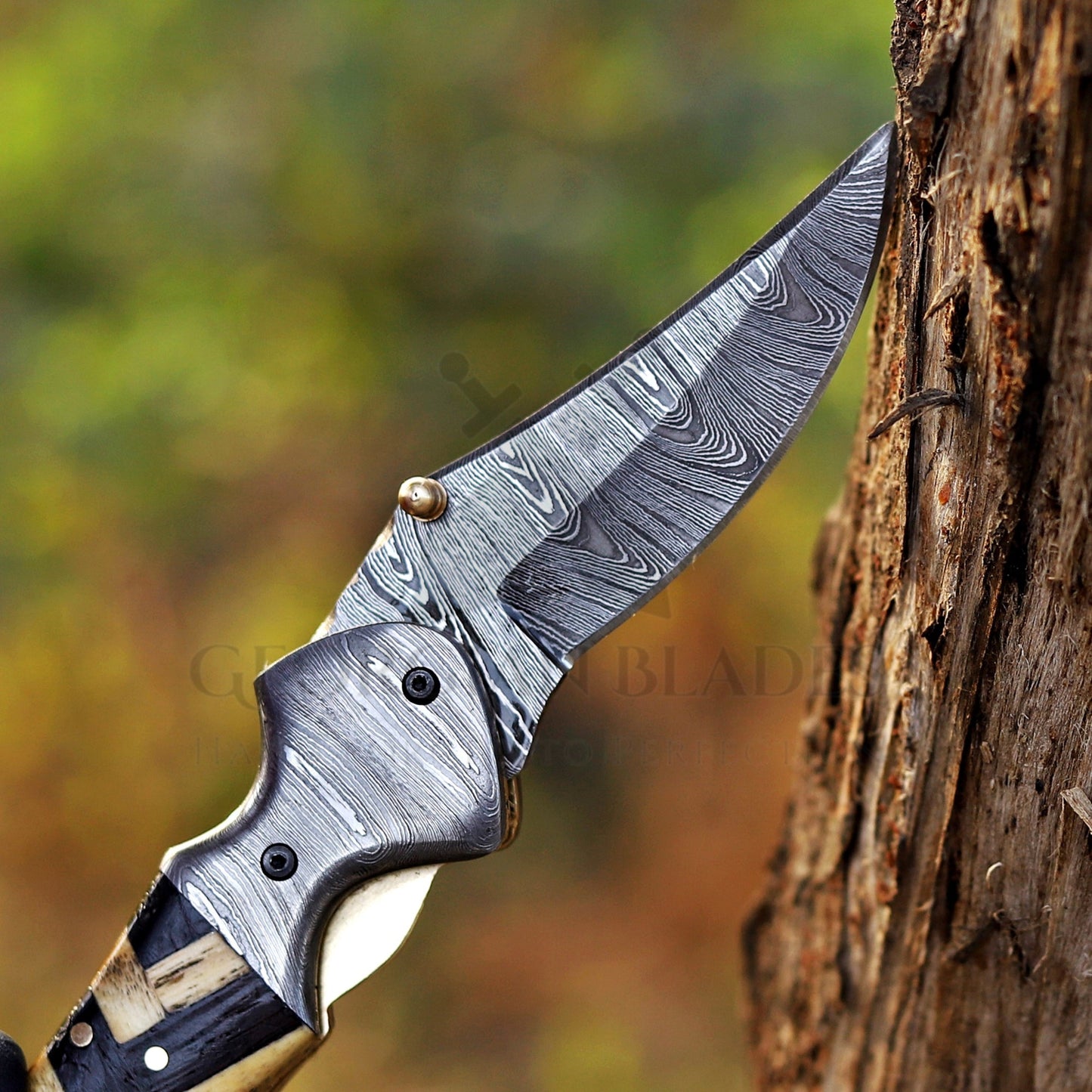 Kit Carson - 7 inches Custom Hand Forged Damascus Folding Knife Damascus Bolster With Olive & Dark Wood Handle