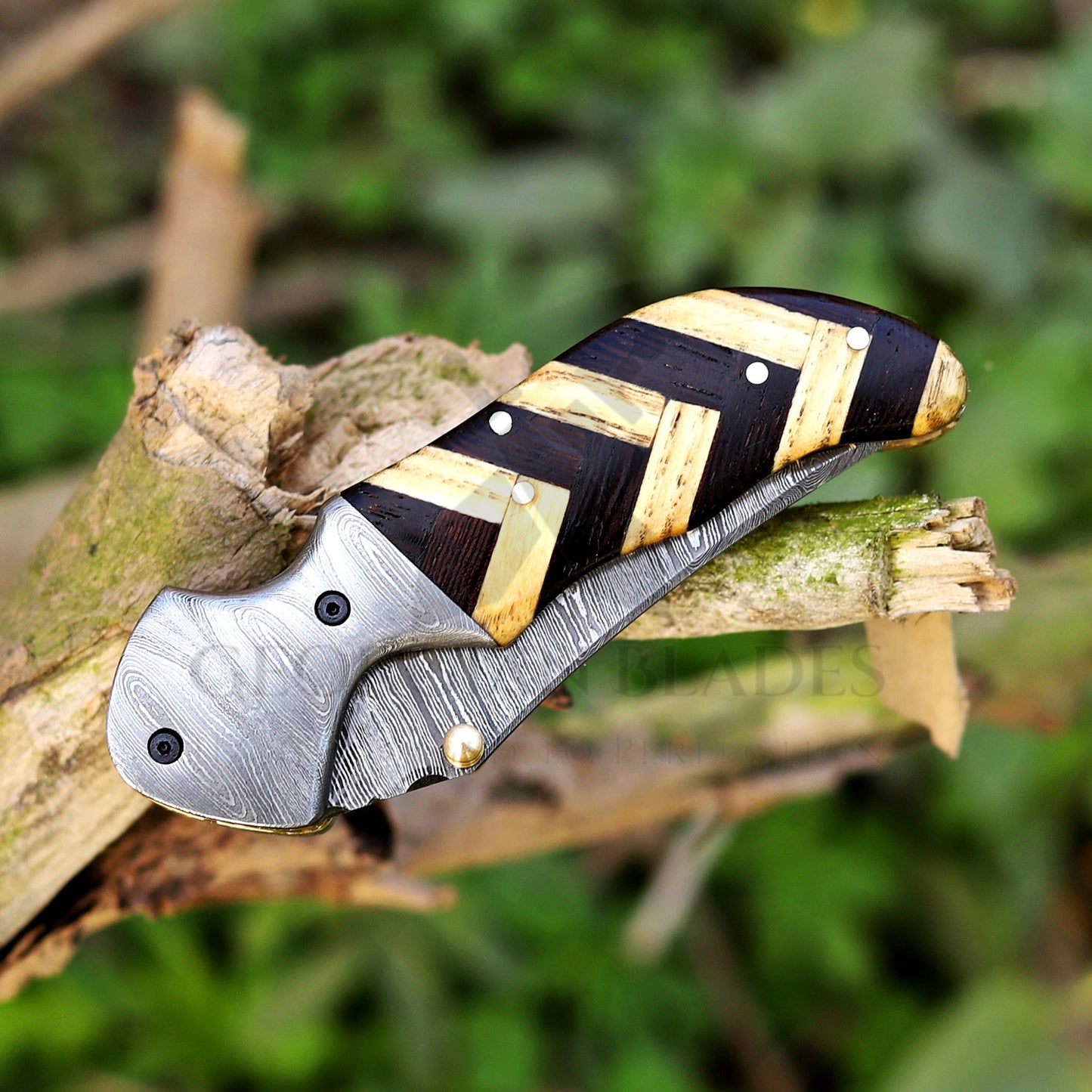 Kit Carson - 7 inches Custom Hand Forged Damascus Folding Knife Damascus Bolster With Olive & Dark Wood Handle