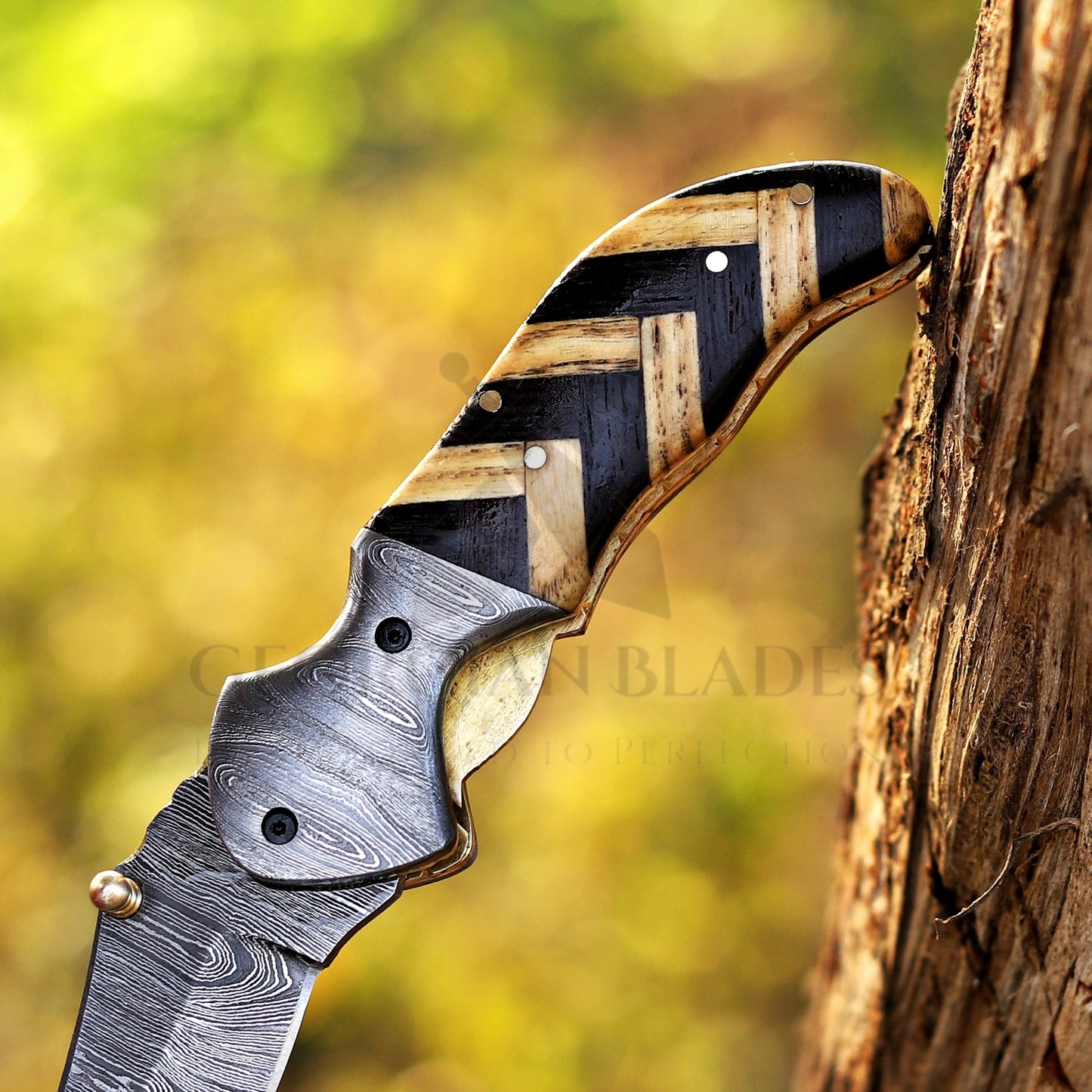 Kit Carson - 7 inches Custom Hand Forged Damascus Folding Knife Damascus Bolster With Olive & Dark Wood Handle