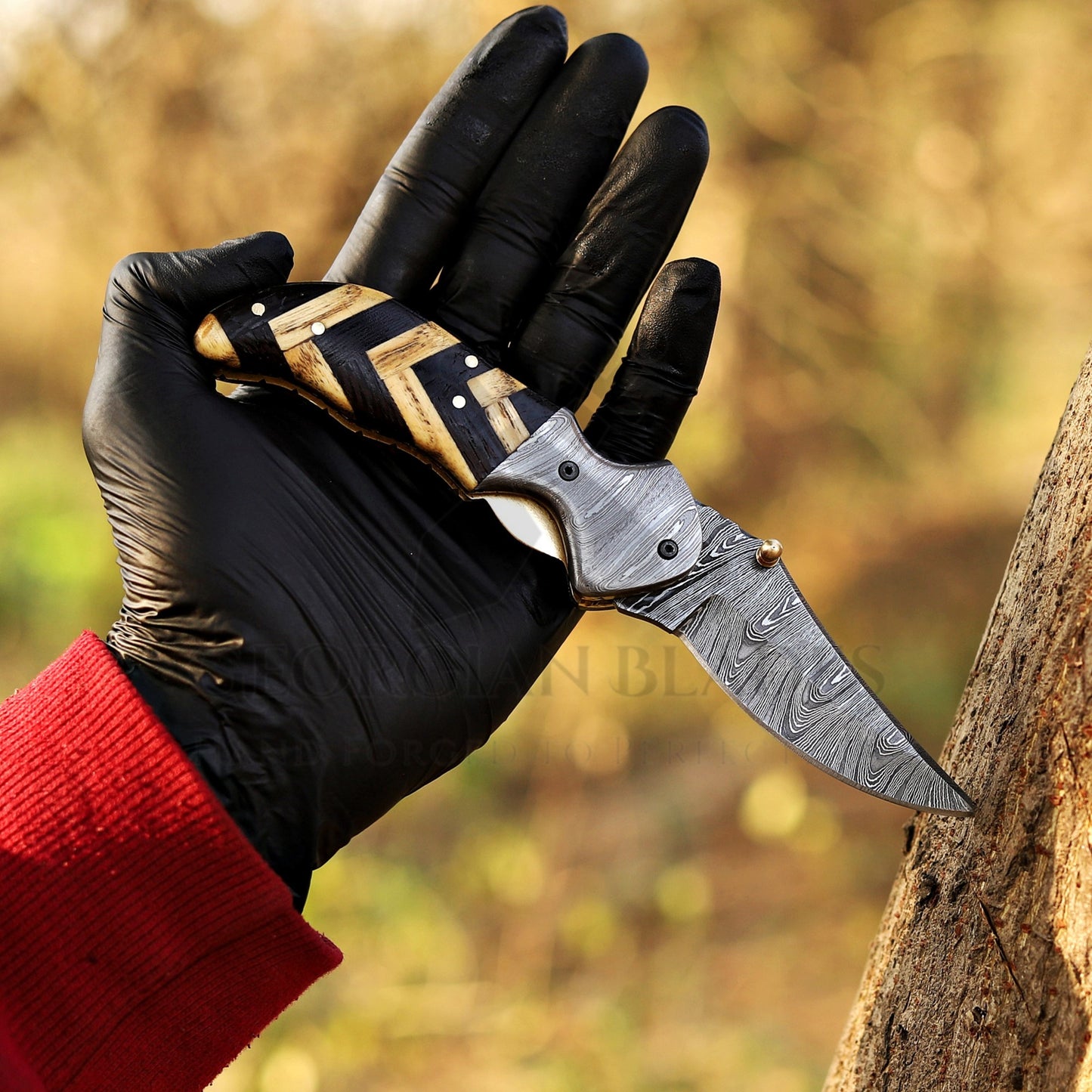 Kit Carson - 7 inches Custom Hand Forged Damascus Folding Knife Damascus Bolster With Olive & Dark Wood Handle