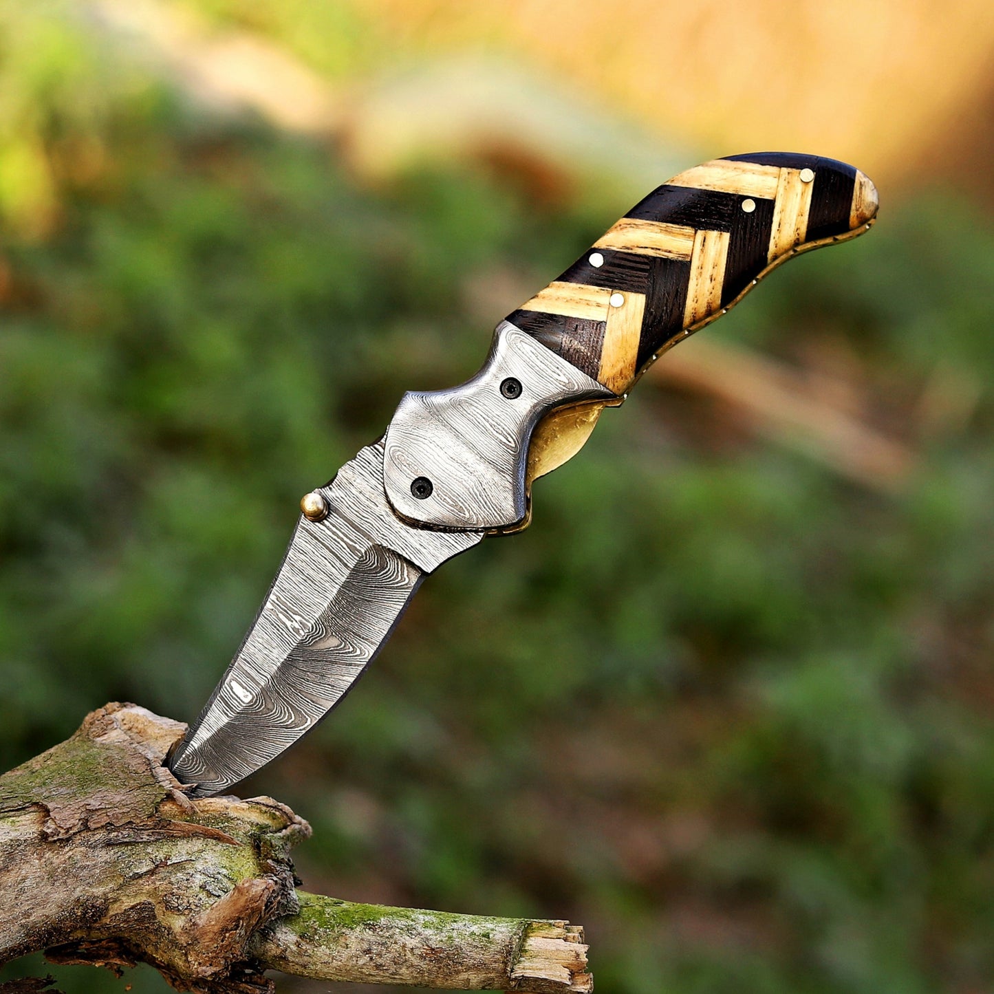 Kit Carson - 7 inches Custom Hand Forged Damascus Folding Knife Damascus Bolster With Olive & Dark Wood Handle