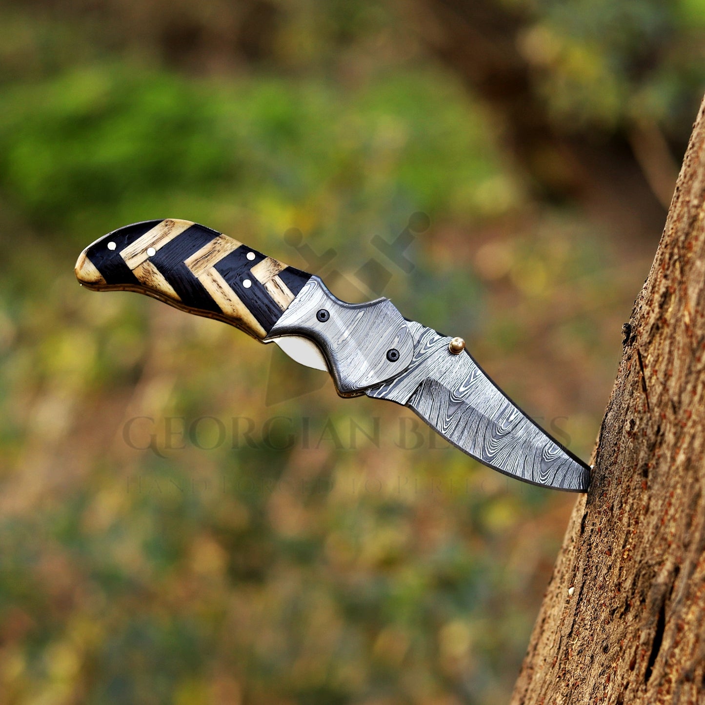 Kit Carson - 7 inches Custom Hand Forged Damascus Folding Knife Damascus Bolster With Olive & Dark Wood Handle