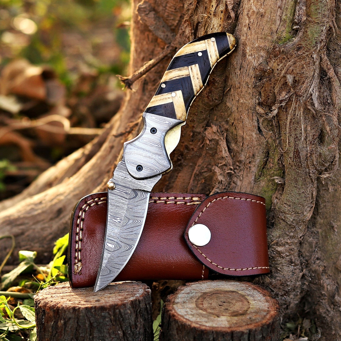 Kit Carson - 7 inches Custom Hand Forged Damascus Folding Knife Damascus Bolster With Olive & Dark Wood Handle