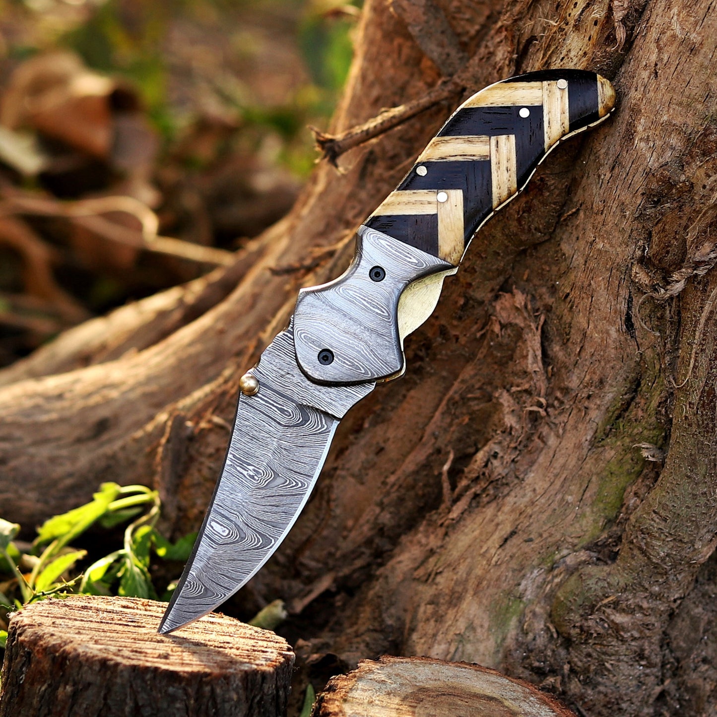 Kit Carson - 7 inches Custom Hand Forged Damascus Folding Knife Damascus Bolster With Olive & Dark Wood Handle
