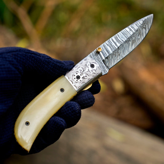 LunarLoom - 7" Hand Forged Folding Knife with Leather Sheath