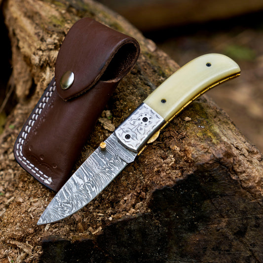 LunarLoom - 7" Hand Forged Folding Knife with Leather Sheath