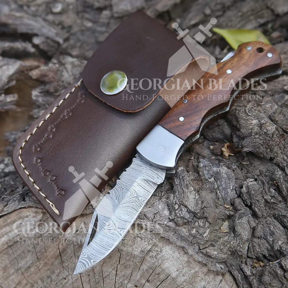 The George Washington Folding Knife - 6.5'' Back Lock Damascus Steel Knife with Rose Handle and Leather Sheath