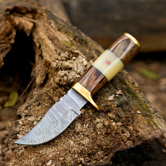 Mike Fink Skinner - CUSTOM HANDMADE FORGED DAMASCUS Steel Hunting Knife Wood & Camel Bone Handle