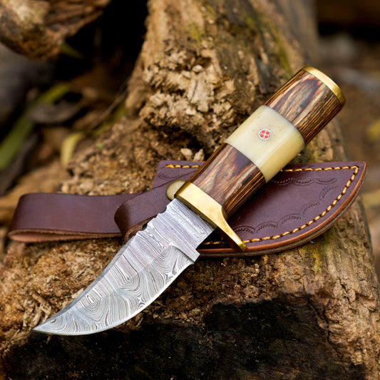 Mike Fink Skinner - CUSTOM HANDMADE FORGED DAMASCUS Steel Hunting Knife Wood & Camel Bone Handle