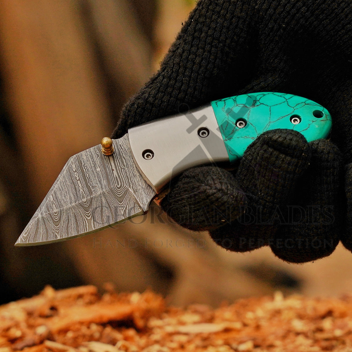 Santa Fe Folder — 5" Damascus Pocket Knife with Turquoise-Style Stone Composite Handle