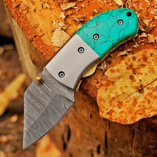 Santa Fe Folder — 5" Damascus Pocket Knife with Turquoise-Style Stone Composite Handle