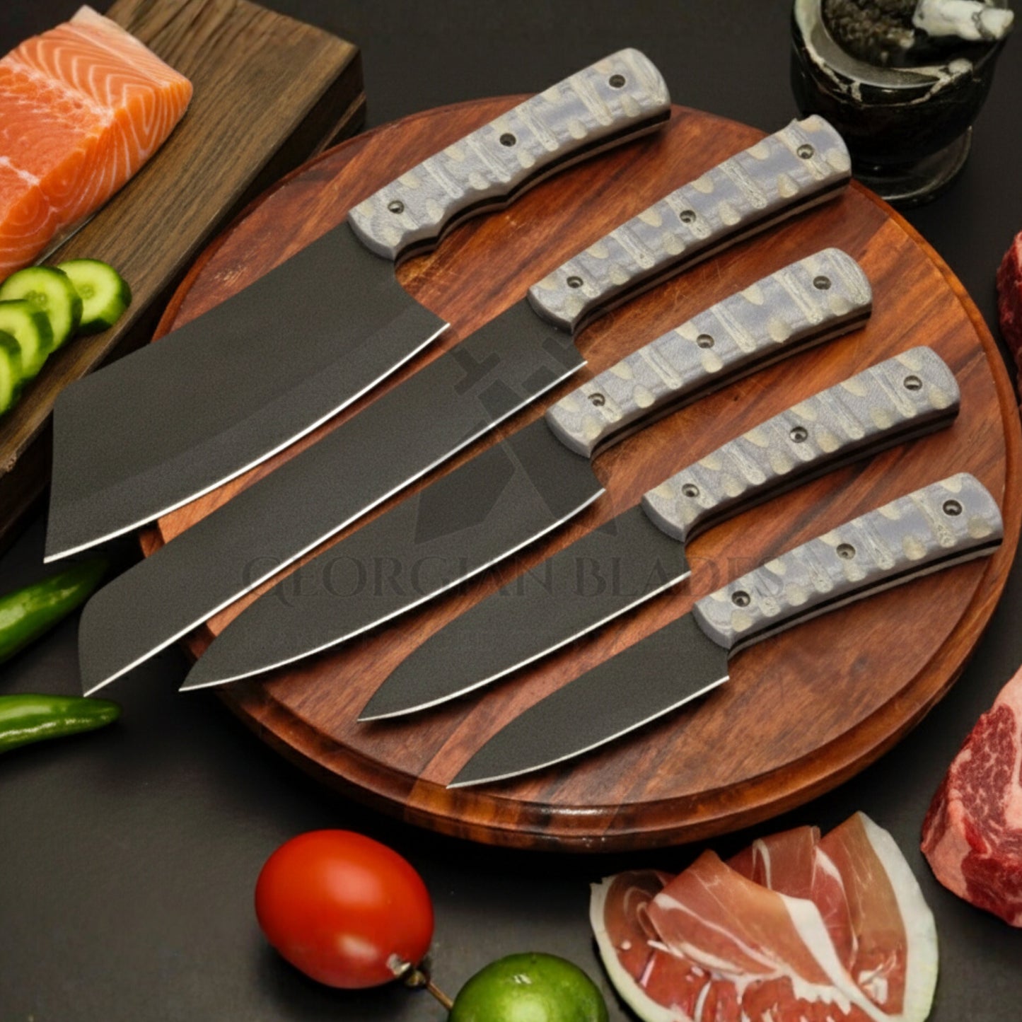 Eclipse Chef Collection – 5-Piece Chef Knife Set with Non-Slip Micarta Handles & Leather Roll