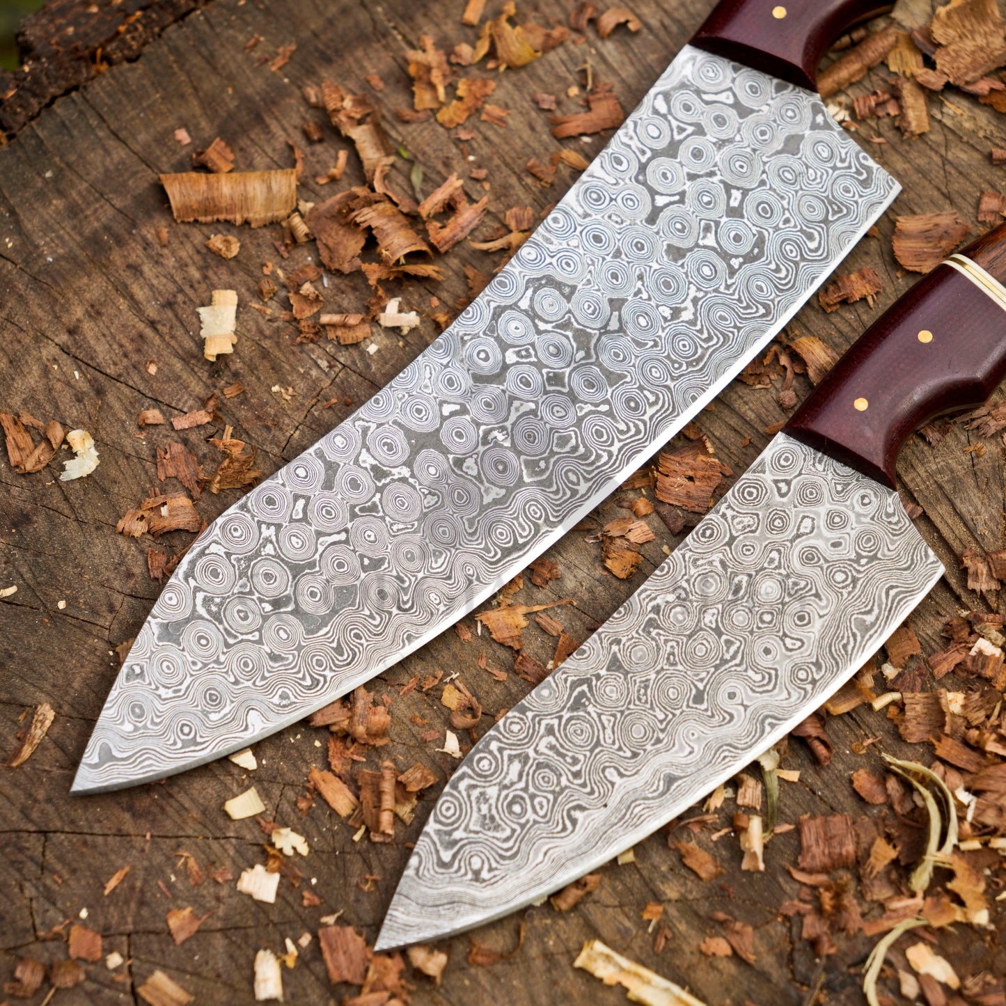 The Redwood Damascus Pair — Hand-Forged Chef Knives for Serious Cooks