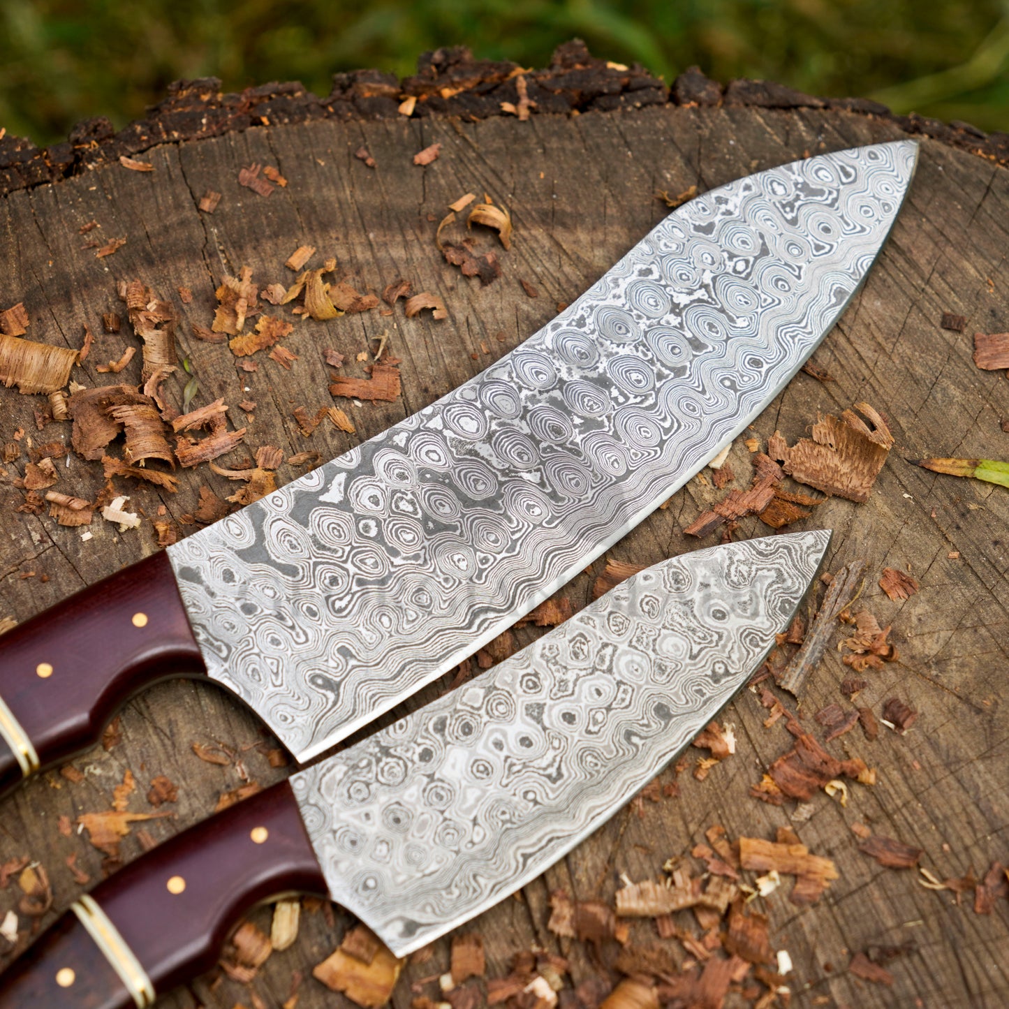 The Redwood Damascus Pair — Hand-Forged Chef Knives for Serious Cooks