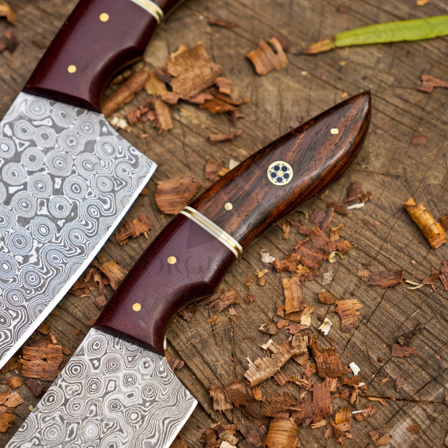 The Redwood Damascus Pair — Hand-Forged Chef Knives for Serious Cooks