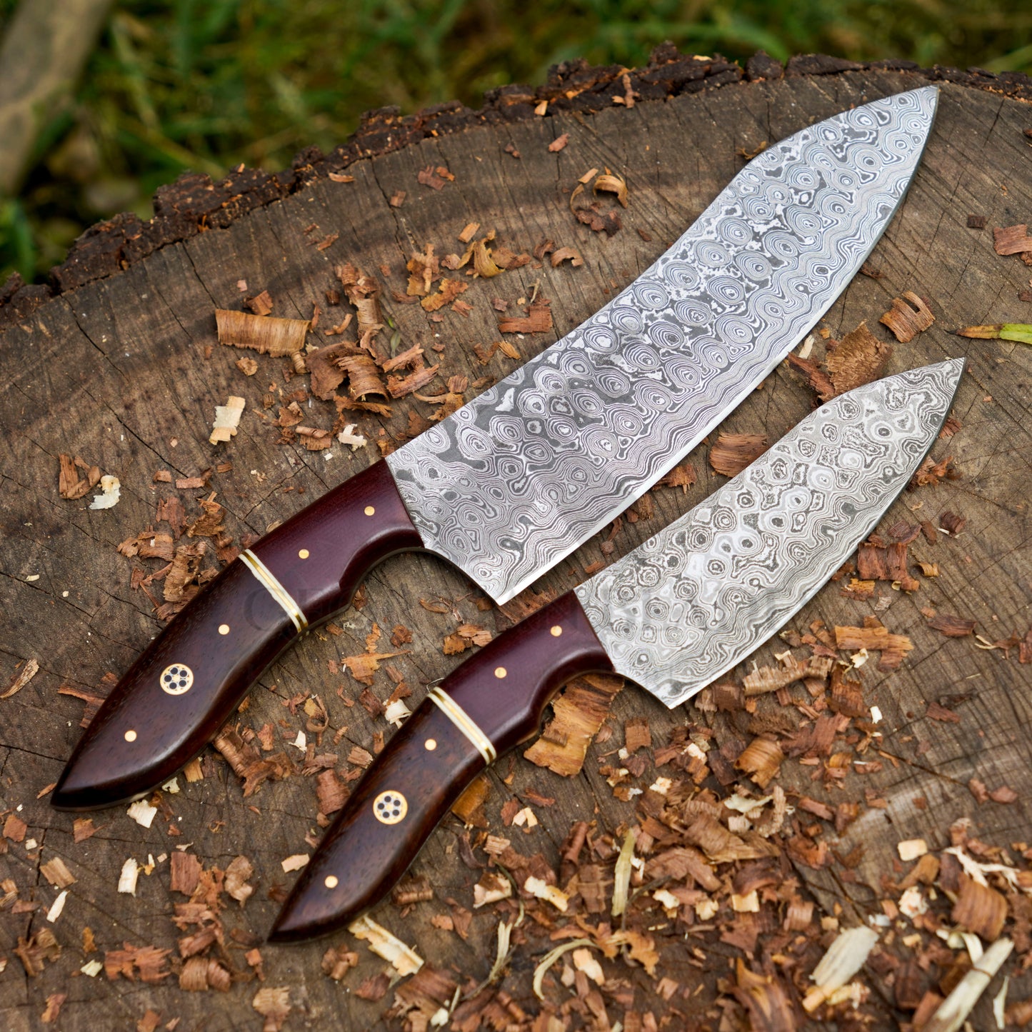 The Redwood Damascus Pair — Hand-Forged Chef Knives for Serious Cooks