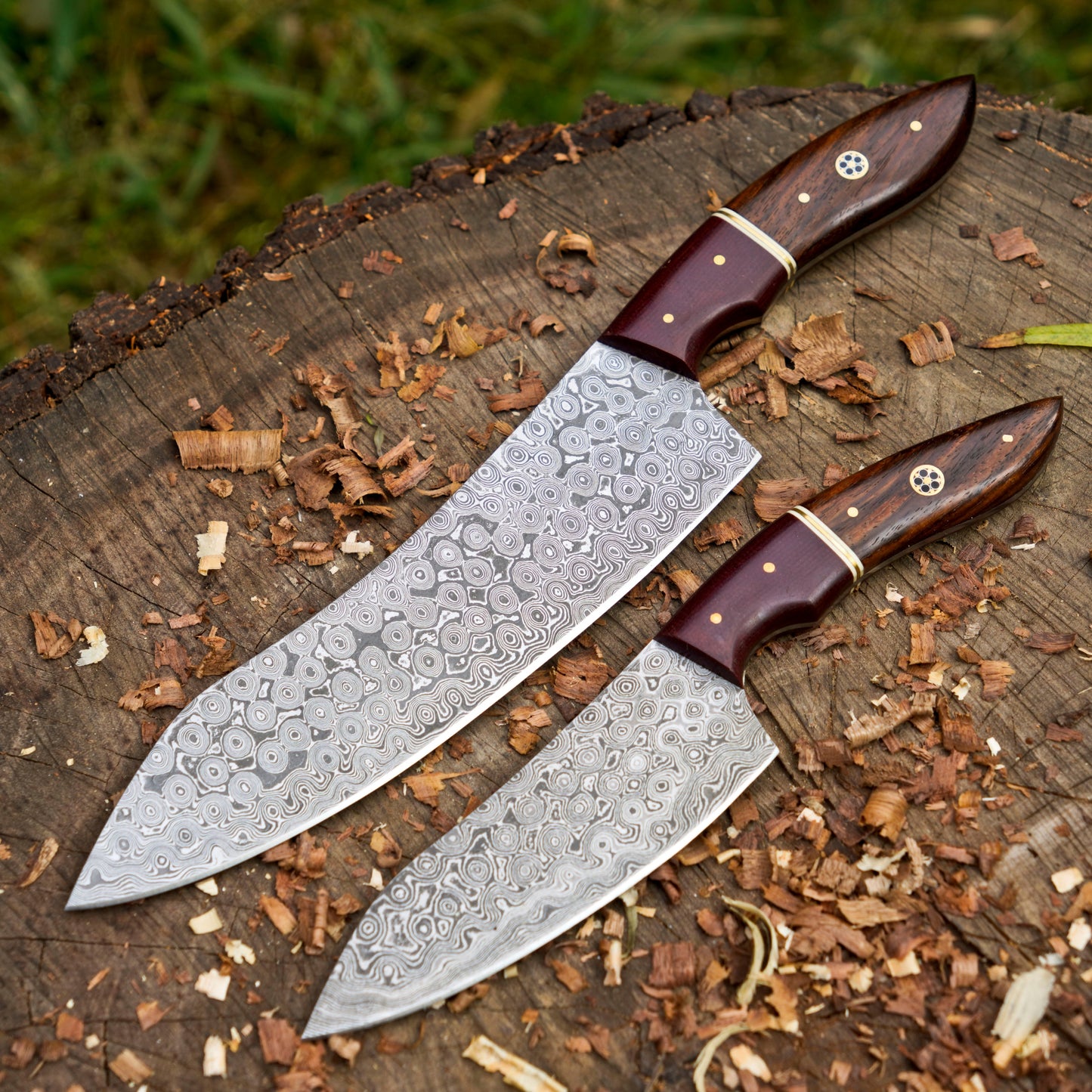 The Redwood Damascus Pair — Hand-Forged Chef Knives for Serious Cooks