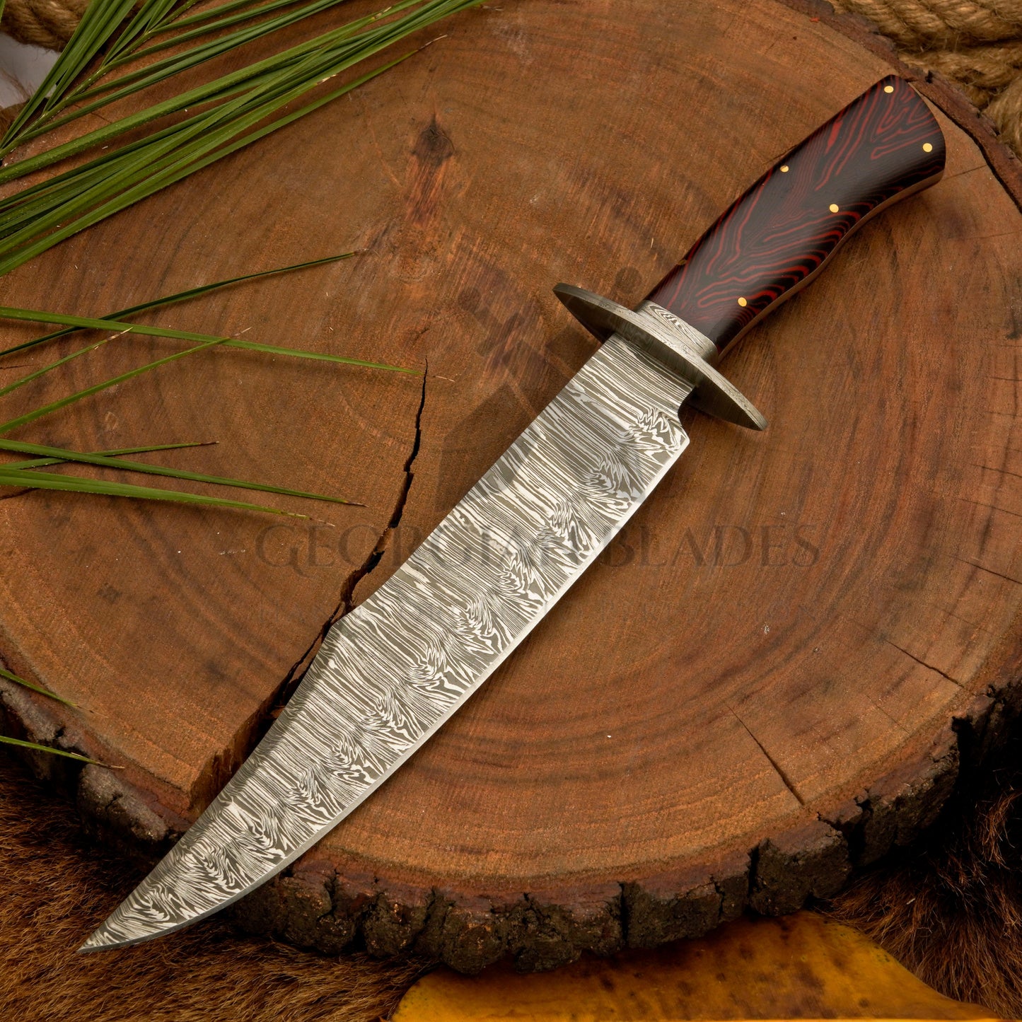Long Creek Bowie – 15.25" Hand-Forged Damascus Bowie Knife with Leather Sheath
