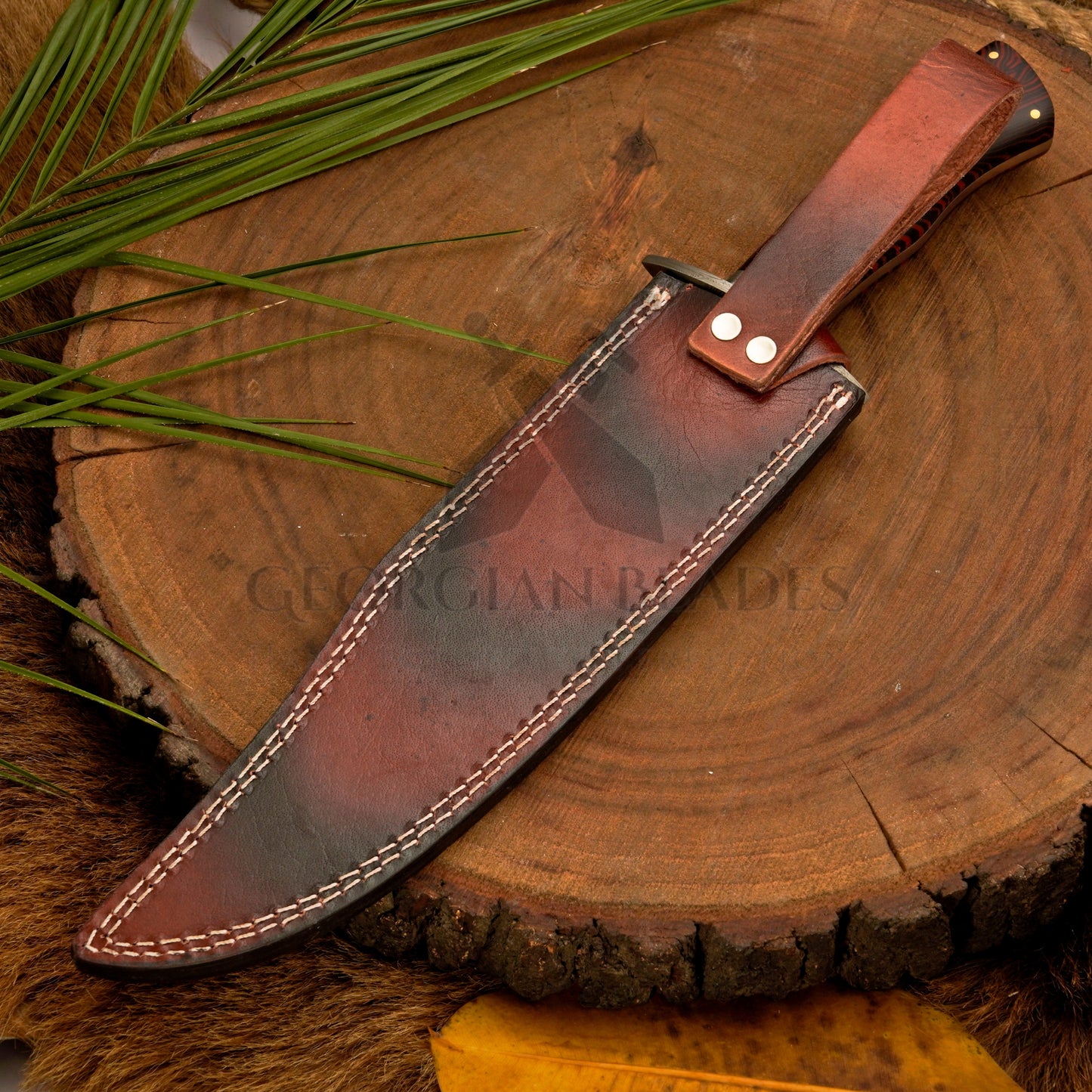 Long Creek Bowie – 15.25" Hand-Forged Damascus Bowie Knife with Leather Sheath