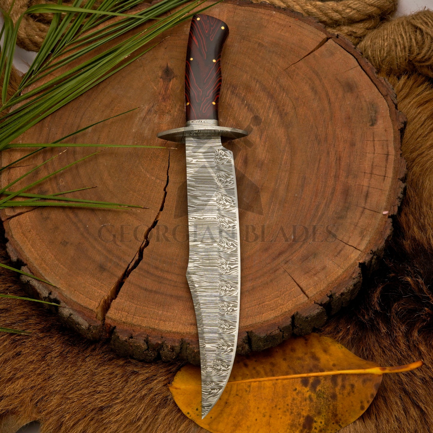 Long Creek Bowie – 15.25" Hand-Forged Damascus Bowie Knife with Leather Sheath