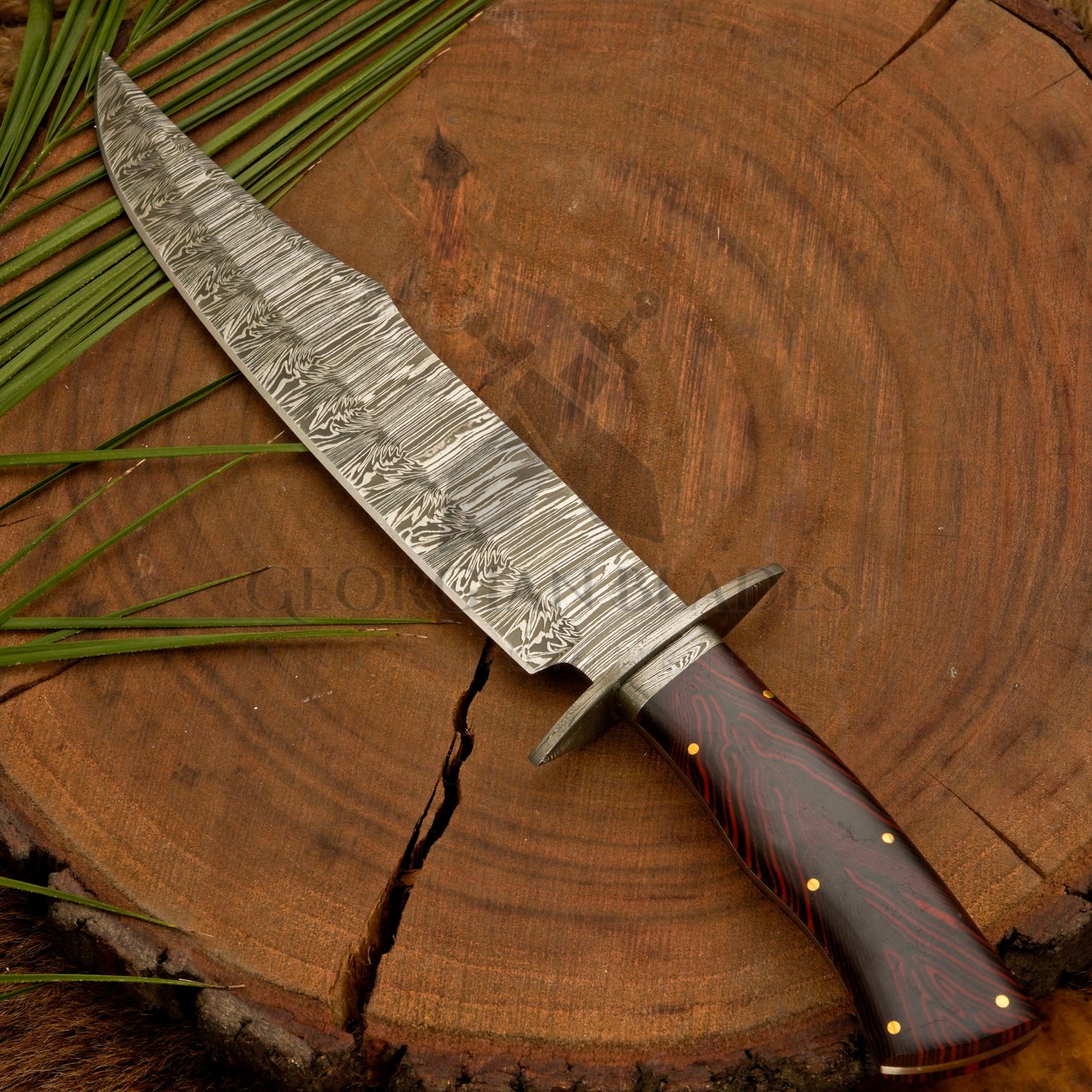 Long Creek Bowie – 15.25" Hand-Forged Damascus Bowie Knife with Leather Sheath