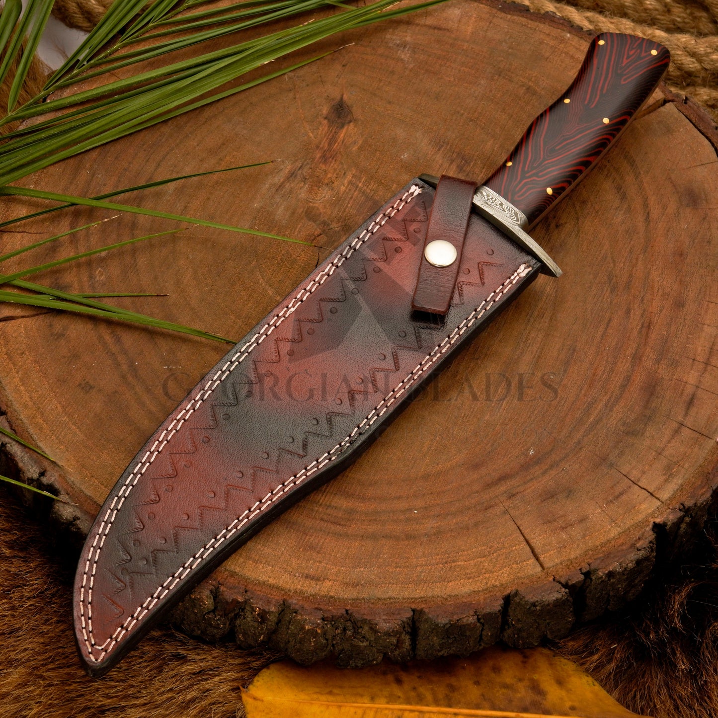 Long Creek Bowie – 15.25" Hand-Forged Damascus Bowie Knife with Leather Sheath