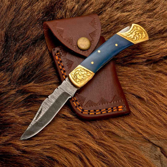 Sapphire Edge Fold: 7" Hand Made Forged Damascus Steel Folding Knife Engraved Brass Bolster Handle