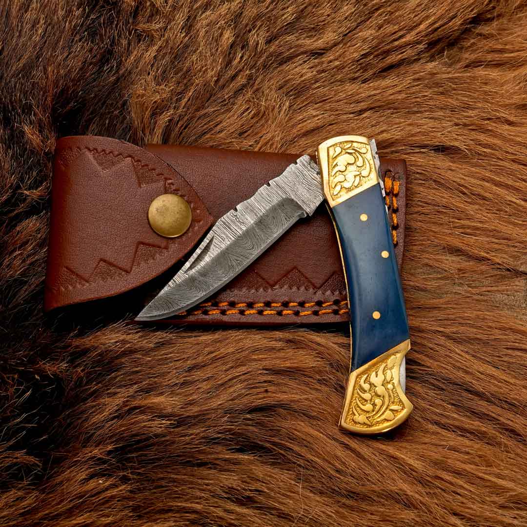 Sapphire Edge Fold: 7" Hand Made Forged Damascus Steel Folding Knife Engraved Brass Bolster Handle