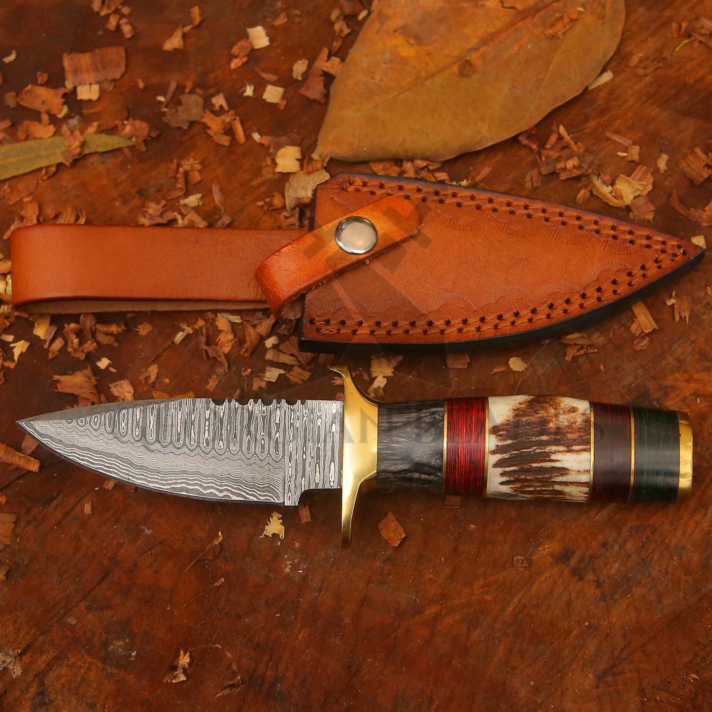 Shadowfang - 9 inch Damascus Steel Hunting Knife with Stag Horn Handle