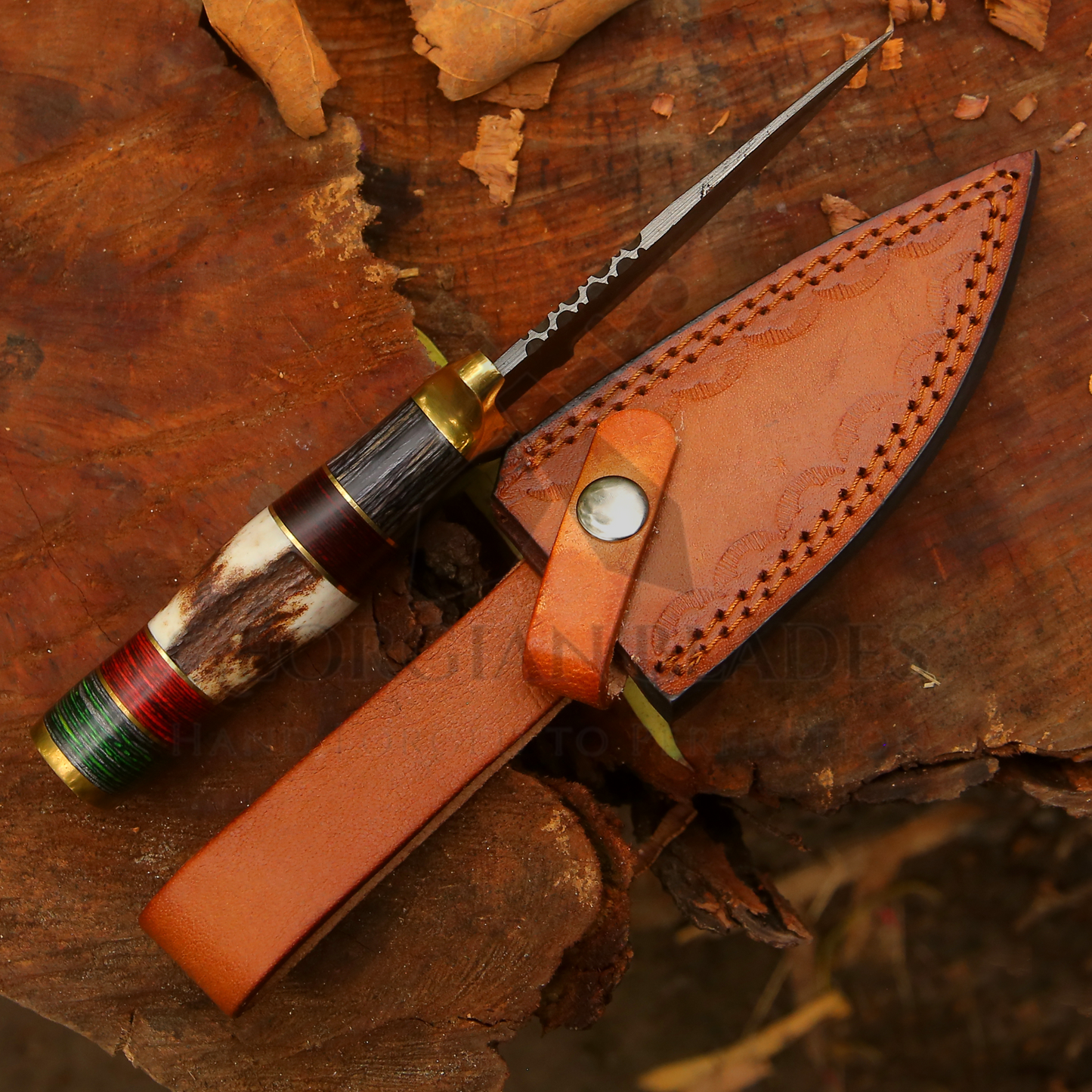 Shadowfang - 9 inch Damascus Steel Hunting Knife with Stag Horn Handle