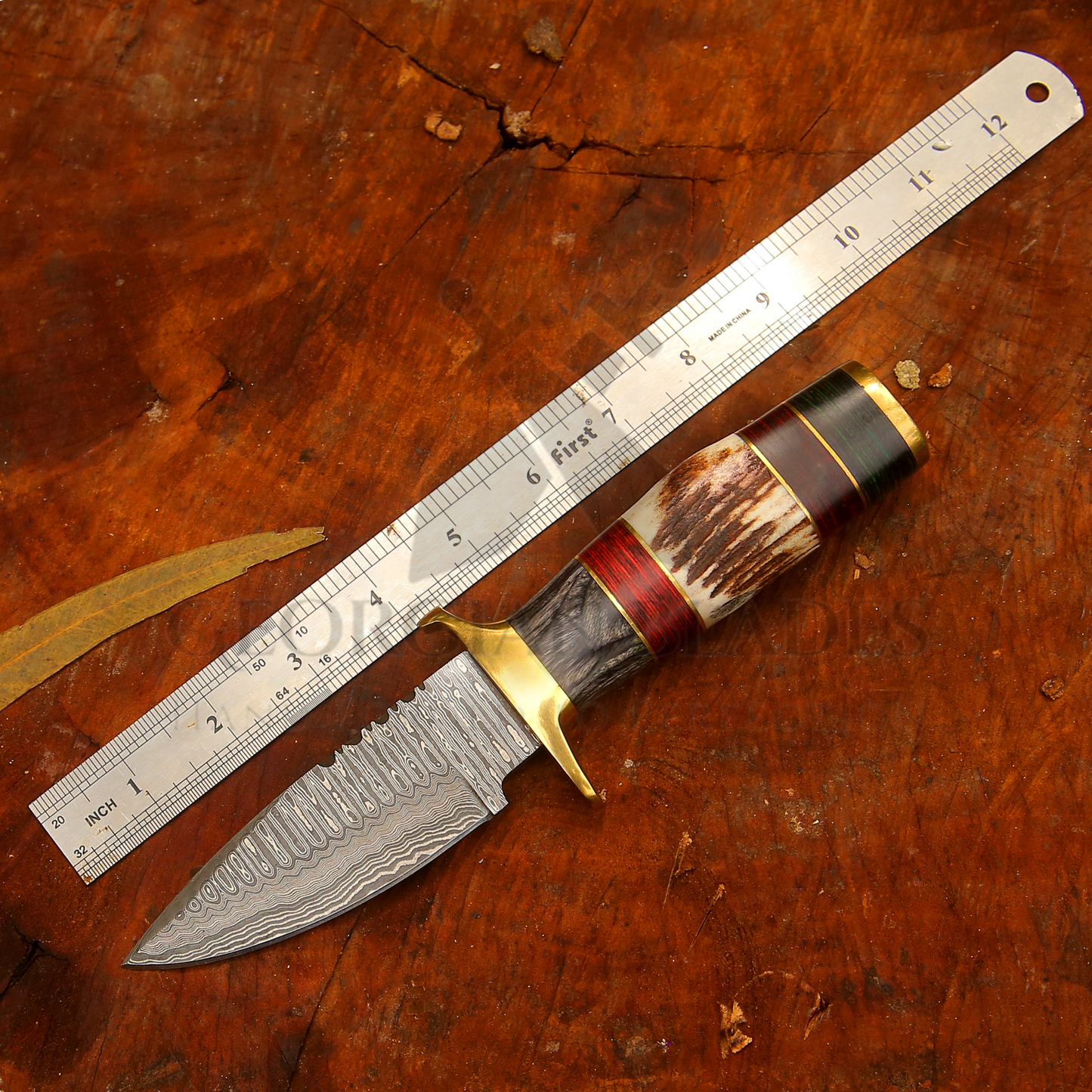 Shadowfang - 9 inch Damascus Steel Hunting Knife with Stag Horn Handle