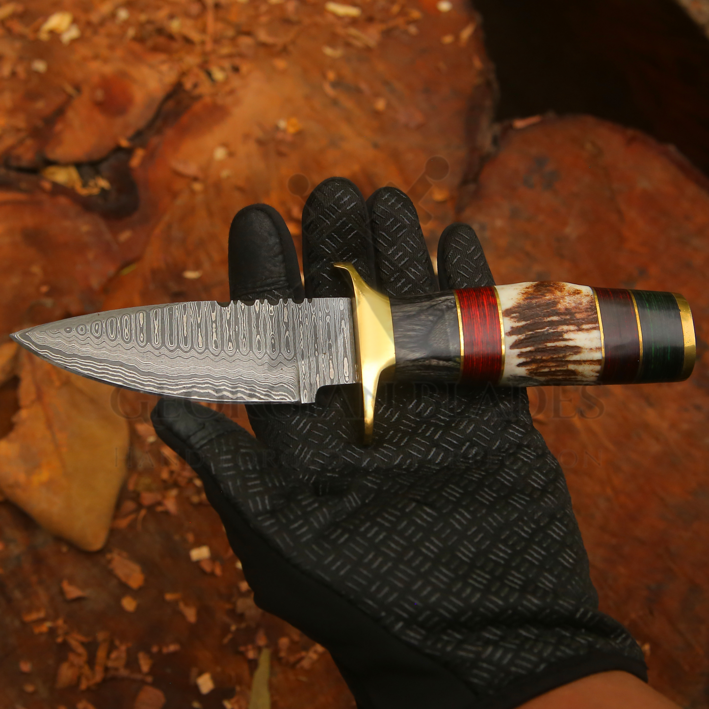 Shadowfang - 9 inch Damascus Steel Hunting Knife with Stag Horn Handle