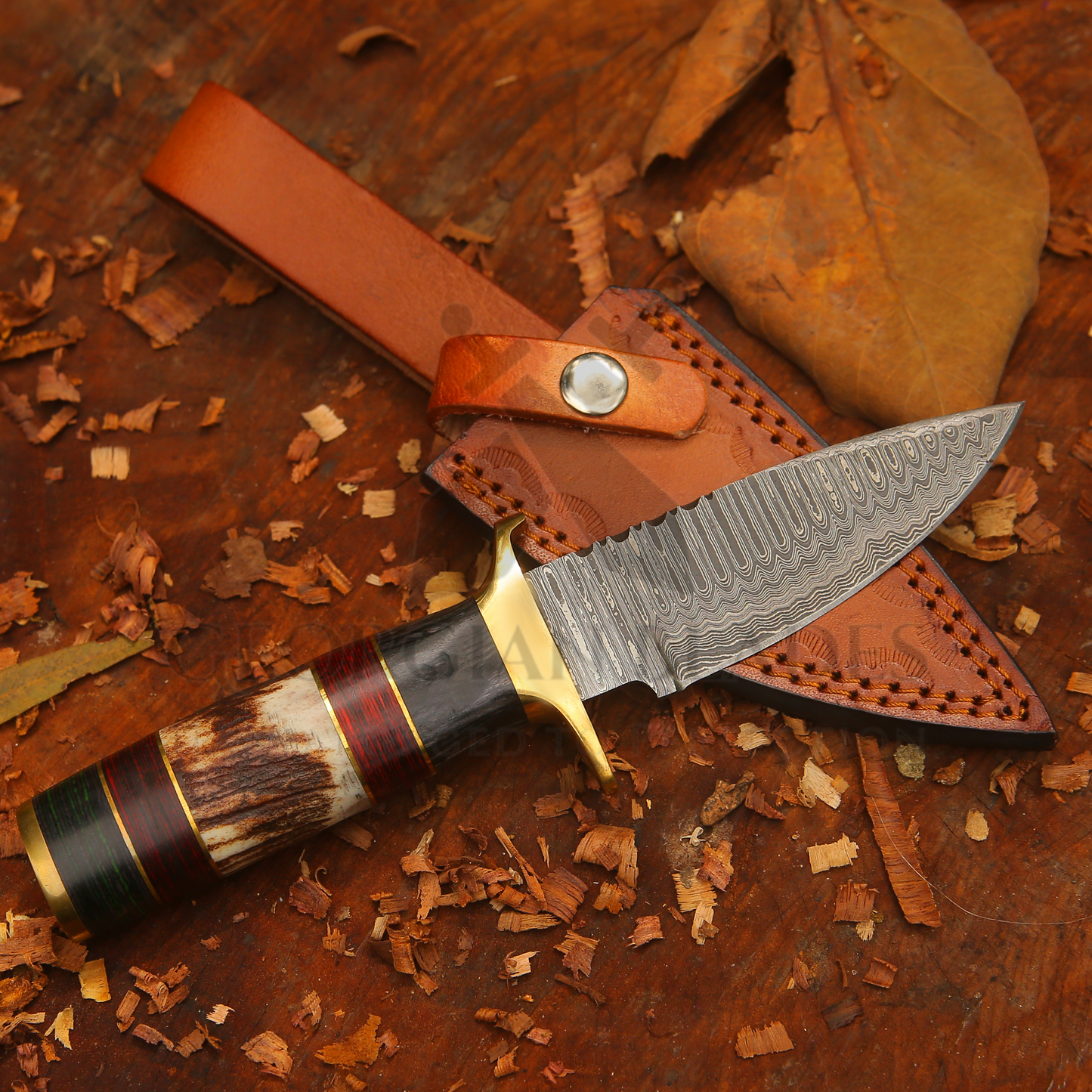 Shadowfang - 9 inch Damascus Steel Hunting Knife with Stag Horn Handle